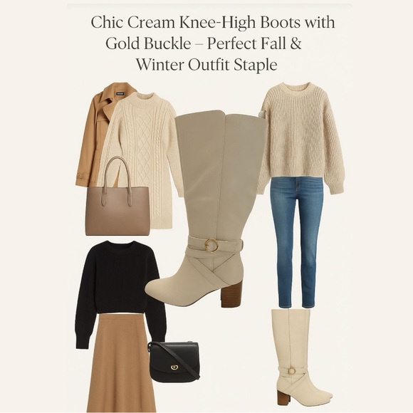 Liz Claiborne Cream Knee High Boots Gold Buckle Block Heel Riding Fall Winter 6. - Picture 1 of 9